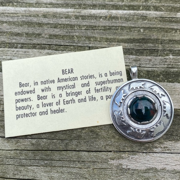 Bear Dance Circle Pendant .925 Sterling Silver w/ genuine Bloodstone Made in USA - Picture 5 of 10